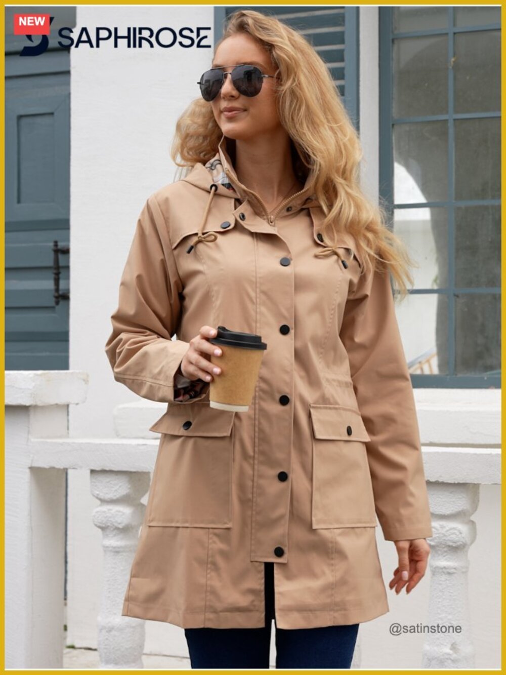 Waterproof Rain Jacket Long Hooded Windbreaker Trench Coat with Adjustable Waist - Picture 6 of 6